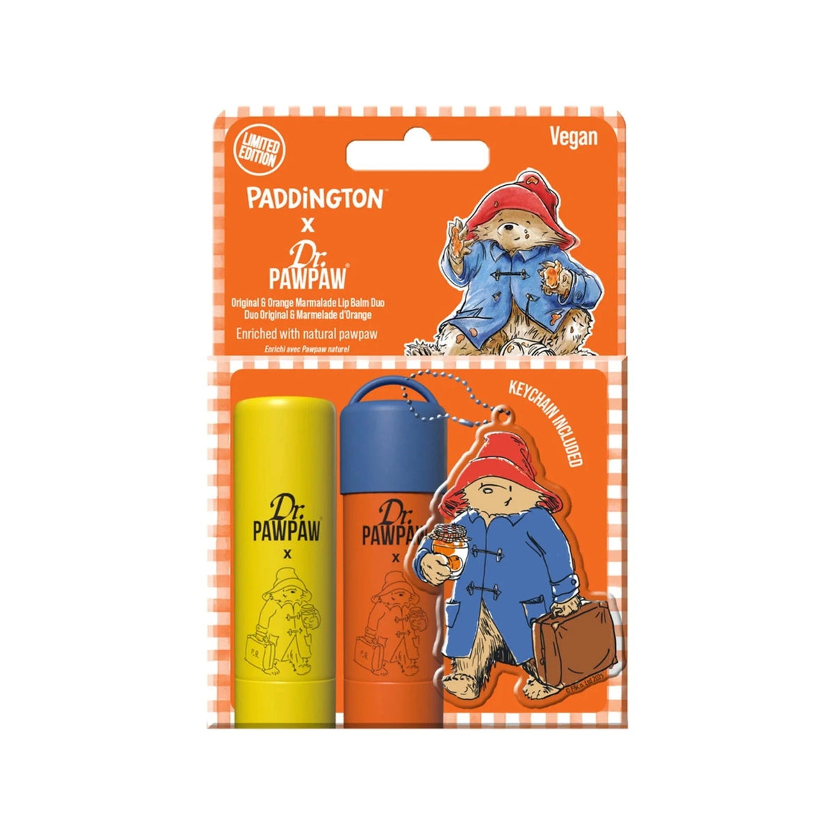 Dr. PawPaw Paddington Bear Original & Orangenmarmelade Lippenbalsam-Duo mit Schlüsselanhänger, 4 g