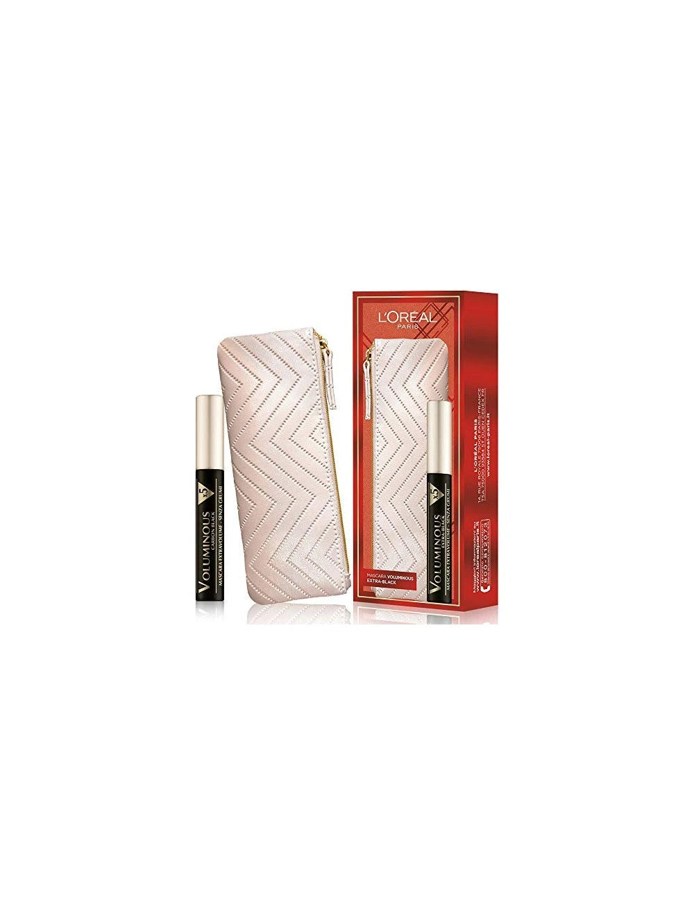 Set L'Oreal Paris: Textile Makeup Bag, Cream + Voluminous X5, Volumizing, Mascara, Extra Black, 7.5 ml